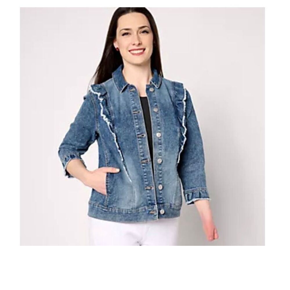 LOGO by Lori Goldstein Acid Wash Denim Jacket with Ruffle Detail-6